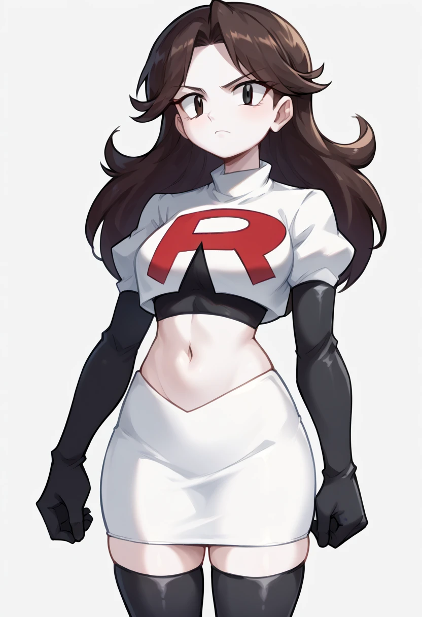 score_9,score_8_up,score_7_up BREAK jaidenSDXL,1girl,long hair,brown hair,black eyes,white skin,team rocket,team rocket uniform,white skirt,red letter R,crop top,black thigh-highs,black elbow gloves,cowboy shot,