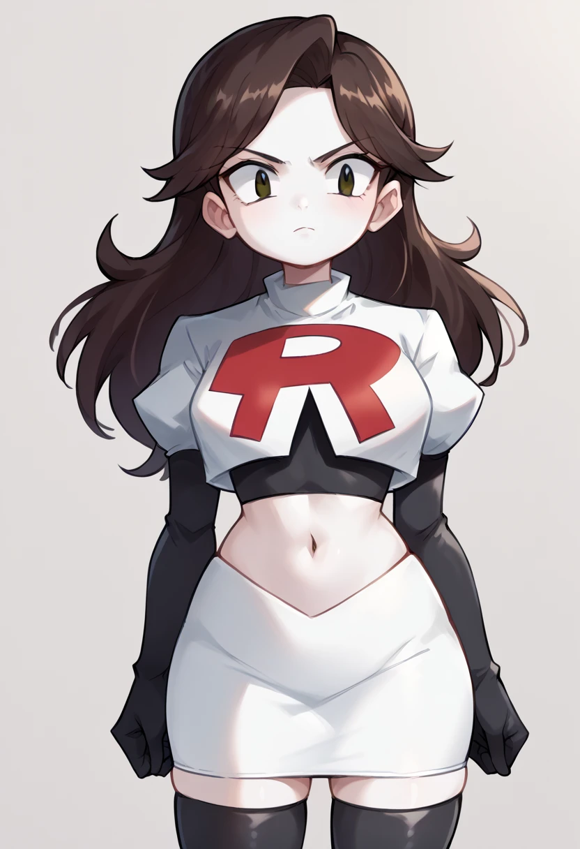 score_9,score_8_up,score_7_up BREAK jaidenSDXL,1girl,long hair,brown hair,black eyes,white skin,team rocket,team rocket uniform,white skirt,red letter R,crop top,black thigh-highs,black elbow gloves,cowboy shot,