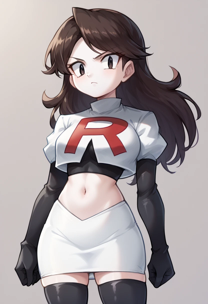 score_9,score_8_up,score_7_up BREAK jaidenSDXL,1girl,long hair,brown hair,black eyes,white skin,team rocket,team rocket uniform,white skirt,red letter R,crop top,black thigh-highs,black elbow gloves,cowboy shot,