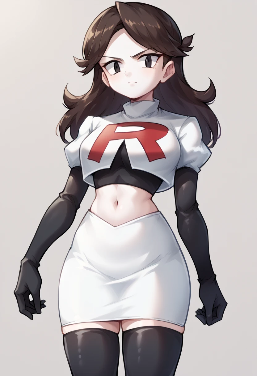 score_9,score_8_up,score_7_up BREAK jaidenSDXL,1girl,long hair,brown hair,black eyes,white skin,team rocket,team rocket uniform,white skirt,red letter R,crop top,black thigh-highs,black elbow gloves,cowboy shot,