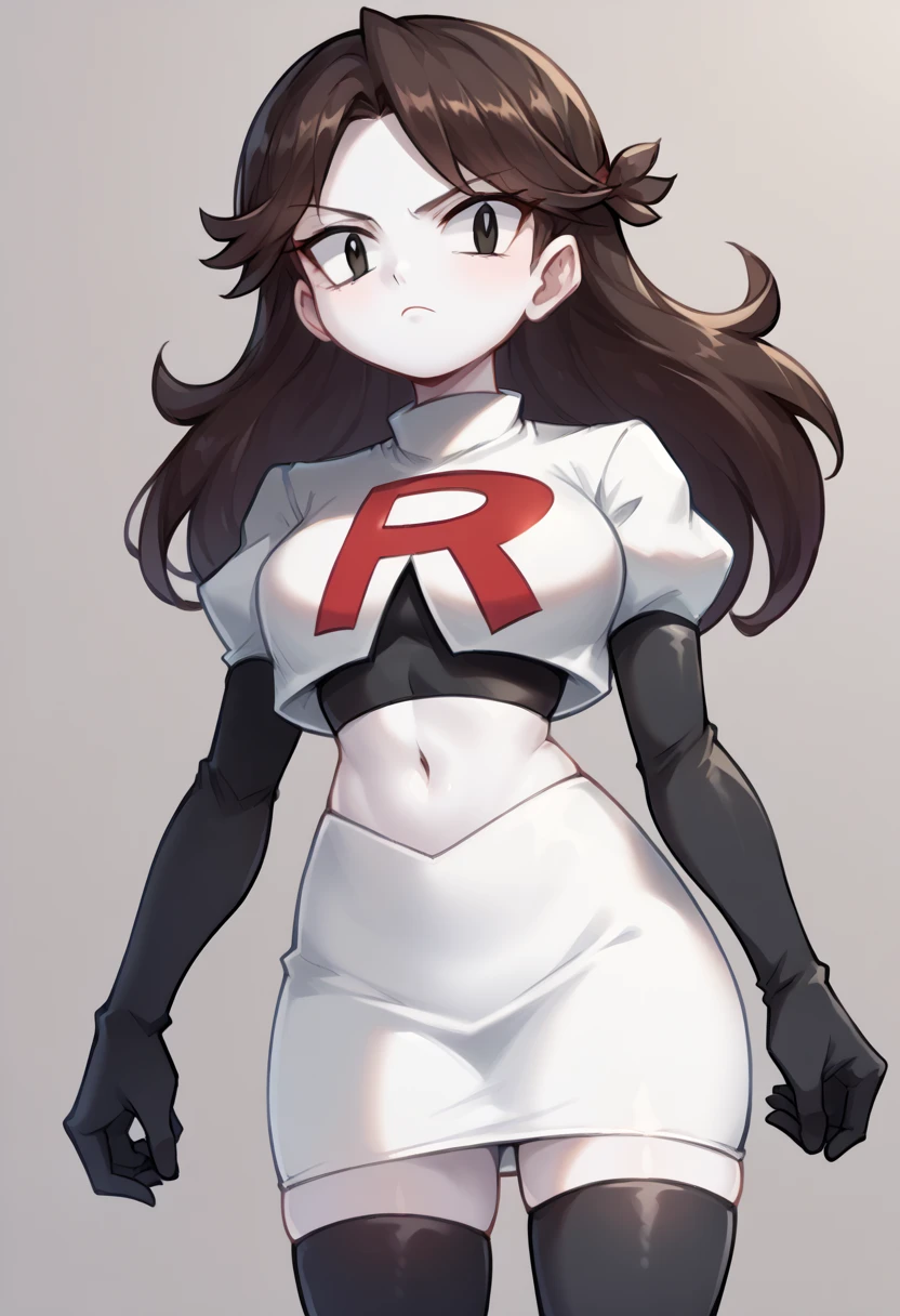 score_9,score_8_up,score_7_up BREAK jaidenSDXL,1girl,long hair,brown hair,black eyes,white skin,team rocket,team rocket uniform,white skirt,red letter R,crop top,black thigh-highs,black elbow gloves,cowboy shot,