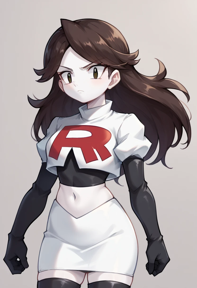 score_9,score_8_up,score_7_up BREAK jaidenSDXL,1girl,long hair,brown hair,black eyes,white skin,team rocket,team rocket uniform,white skirt,red letter R,crop top,black thigh-highs,black elbow gloves,cowboy shot,