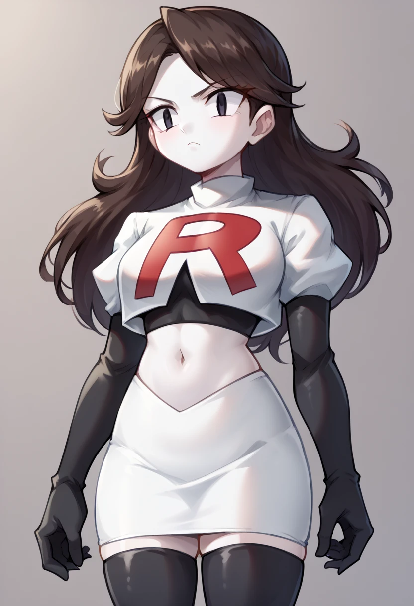 score_9,score_8_up,score_7_up BREAK jaidenSDXL,1girl,long hair,brown hair,black eyes,white skin,team rocket,team rocket uniform,white skirt,red letter R,crop top,black thigh-highs,black elbow gloves,cowboy shot,