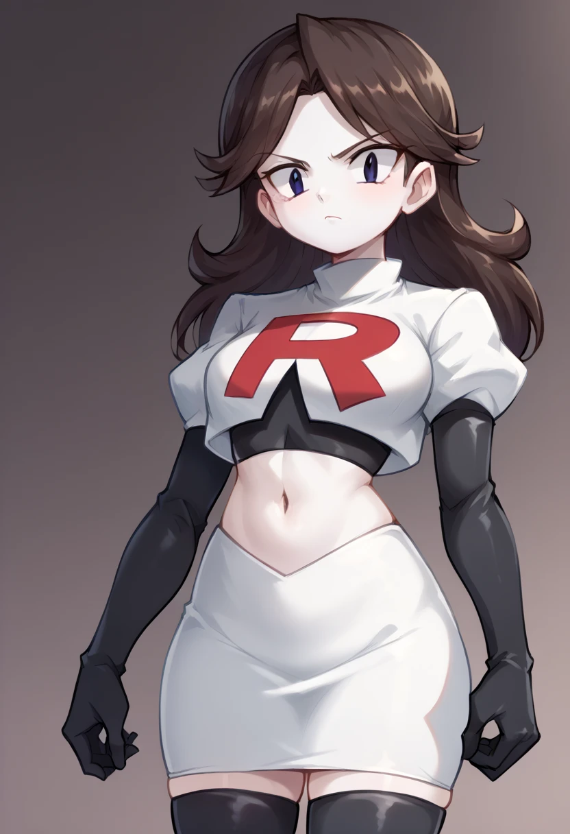 score_9,score_8_up,score_7_up BREAK jaidenSDXL,1girl,long hair,brown hair,black eyes,white skin,team rocket,team rocket uniform,white skirt,red letter R,crop top,black thigh-highs,black elbow gloves,cowboy shot,