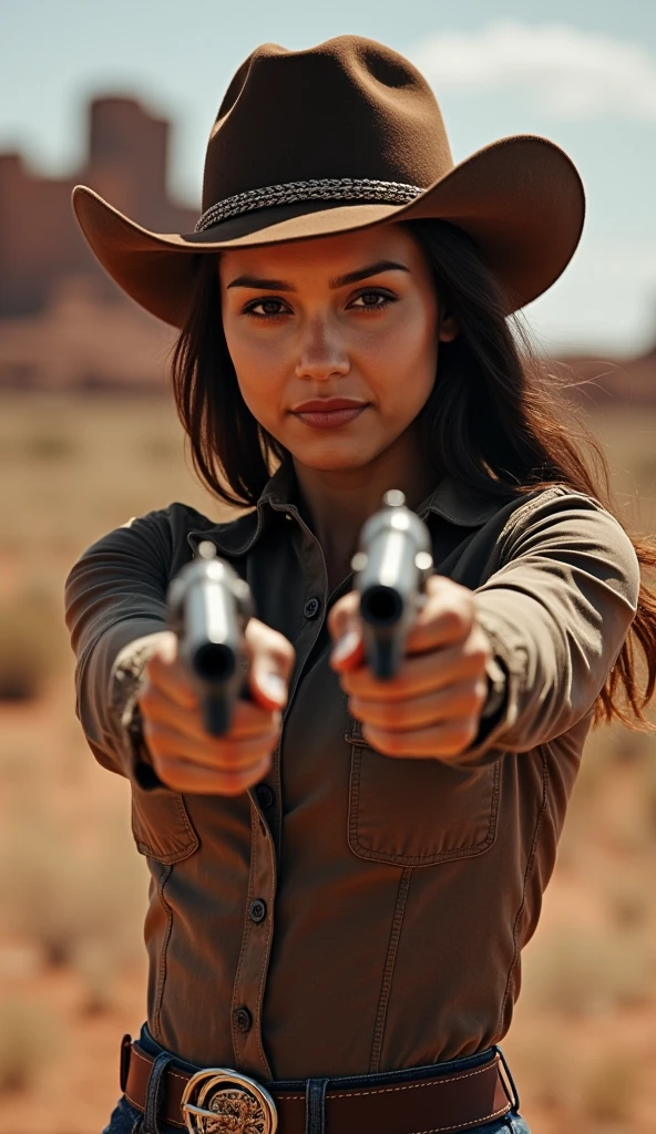 Colt Single Action, a wild west cowboy woman shooting with two Colt Single Action revolver guns in his hands