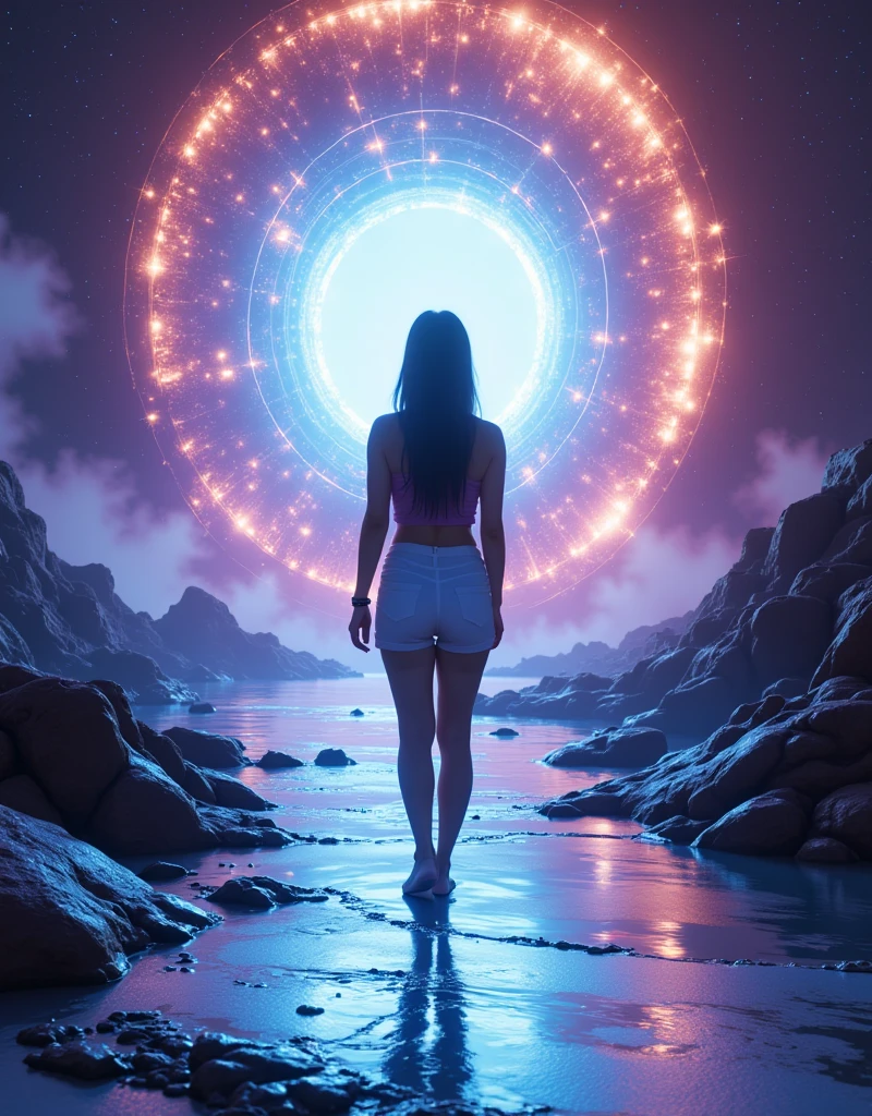 Woman entering a cosmic portal in a quantum leap