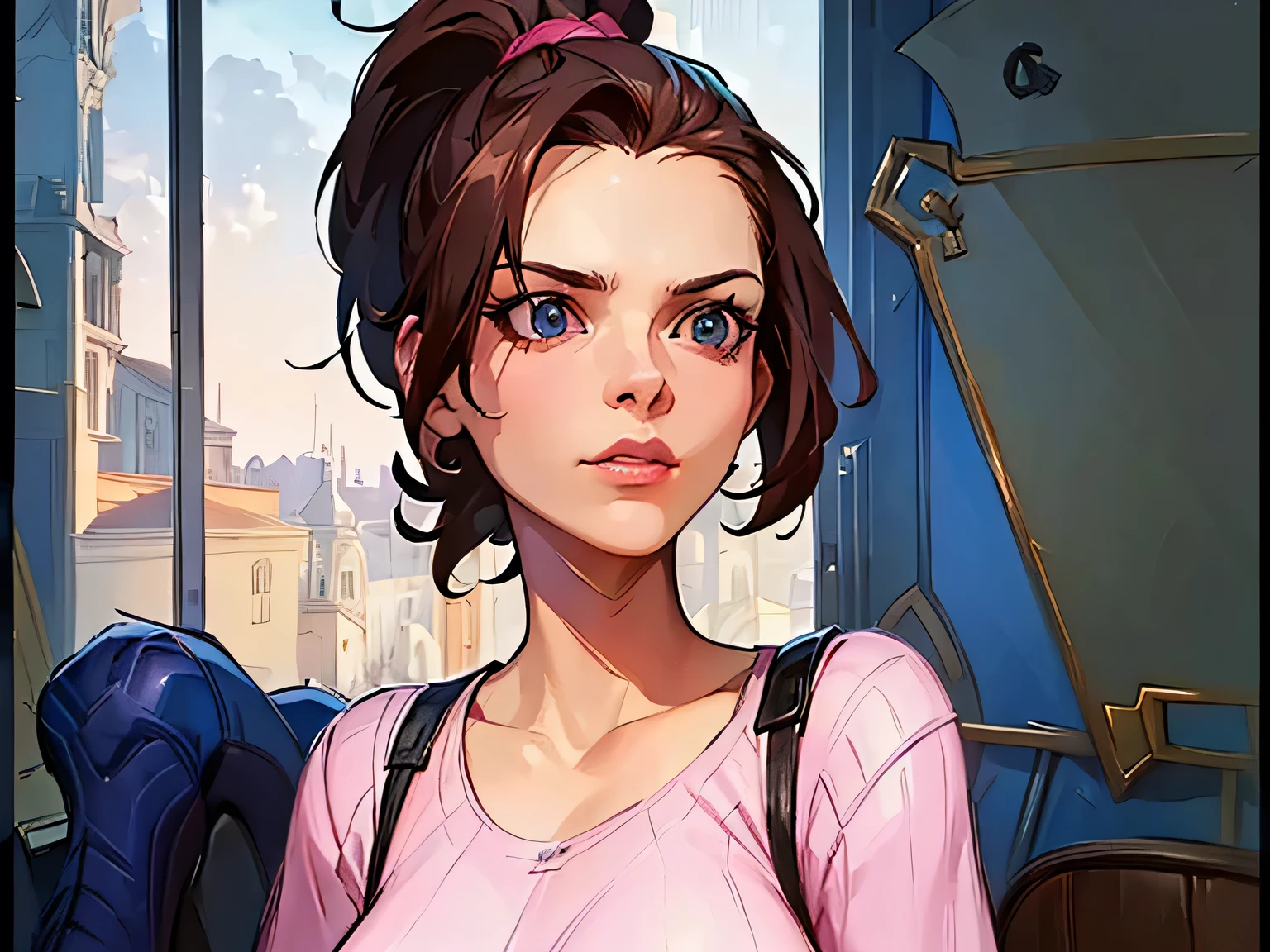 (masterpiece, best quality:1.2) 1girl, woman in her early 20s, pink shirt, face close-up, brown hair, ponytail, indoors, blue eyes, lipstick, looking at viewer, marvel rivals




