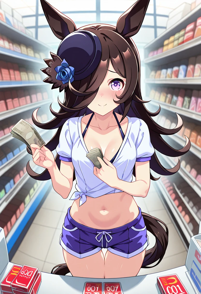 score_9, score_8_up, score_7_up, source_anime BREAK 1girl, solo, buying condoms, condom box, convenience store,, standing,rice shower (umamusume), horse ears, solo, animal ears, swimsuit, hair over one eye, horse tail, horse girl, tail, long hair, navel, blush, hat, flower,1girl,breasts,black hair in heat,blush looking at viewer, blush, smile, navel, collarbone, breasts, cleavage, thigh gap, okamoto condoms, shorts, holding money, bare  rating_questionable,very short length white shirts with open chest,