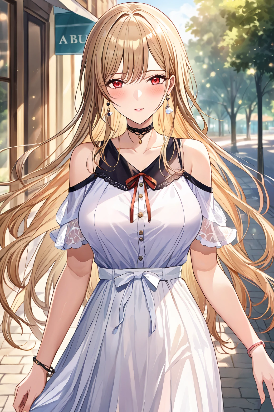 (masterpiece), (Highest quality), (Very detailed), (The best shape), (Best Shadow), (Absurd), (Detailed Background), (so beautiful), Shiny, Beautiful eyes in every detail, Extraordinary, Countershading, 8k, 32K, High resolution, Very Detailed CG ,

frnel, very long hair, blonde  hair, brown hair, bangs, red eyes, hair between eyes, large breasts, 

casual wear,  black shirt, ribbon tie, clothing cutout, shoulder cutout, black choker, bare shoulders, long skirt, white skirt, jewelry, earrings, necklace, bracelet,

(blush:1.2),
realistic skin,
realistic background,
portrait,
close up shot,
heart,
detailed background,
realistic background ,
ひまわり畑,