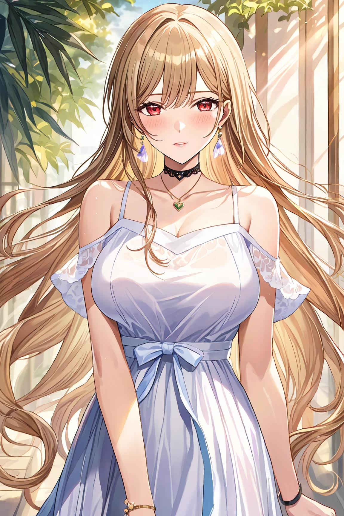 (masterpiece), (Highest quality), (Very detailed), (The best shape), (Best Shadow), (Absurd), (Detailed Background), (so beautiful), Shiny, Beautiful eyes in every detail, Extraordinary, Countershading, 8k, 32K, High resolution, Very Detailed CG ,

frnel, very long hair, blonde  hair, brown hair, bangs, red eyes, hair between eyes, large breasts, 

casual wear,  black shirt, ribbon tie, clothing cutout, shoulder cutout, black choker, bare shoulders, long skirt, white skirt, jewelry, earrings, necklace, bracelet,

(blush:1.2),
realistic skin,
realistic background,
portrait,
close up shot,
heart,
detailed background,
realistic background ,
ひまわり畑,