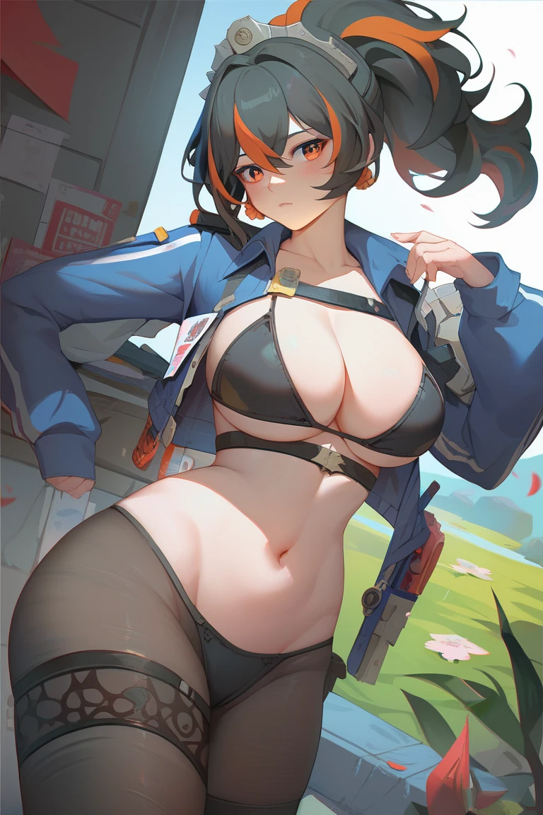  score_9, score_8_up, score_7_up, score_6_up, score_5_up, score_4_up, BREAK source_anime, 1girl, zhu yuan, orange eyes, black hair, long hair, streaked hair, ponytail, metal hairband, police uniform, blue jacket, cropped jacket, long sleeves, black bikini, big breasts, big hips, A black jacket with NO panties and long black sheer socks, blush, at a lake 