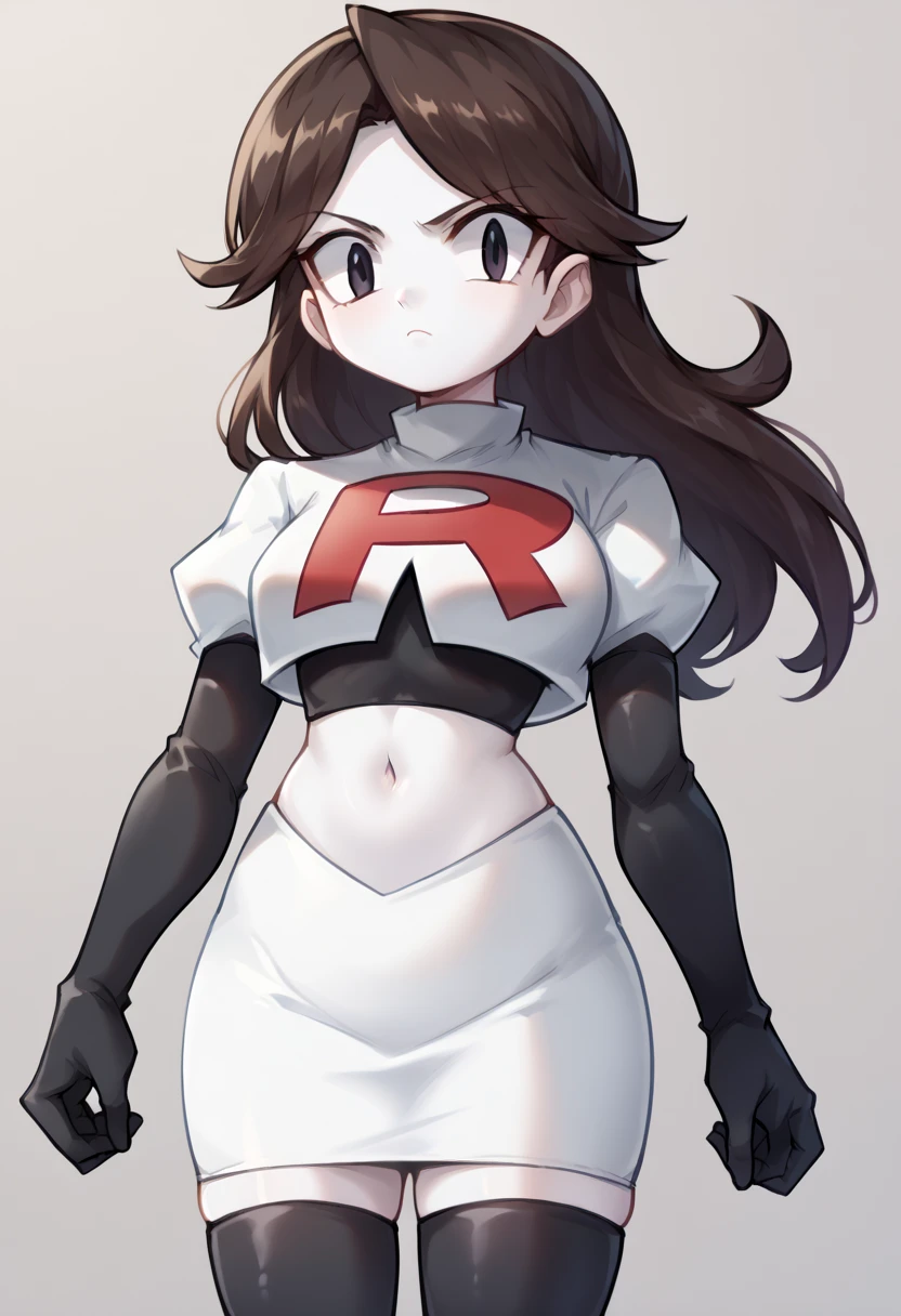 score_9,score_8_up,score_7_up BREAK jaidenSDXL,1girl,long hair,brown hair,black eyes,white skin,team rocket,team rocket uniform,white skirt,red letter R,crop top,black thigh-highs,black elbow gloves,cowboy shot,