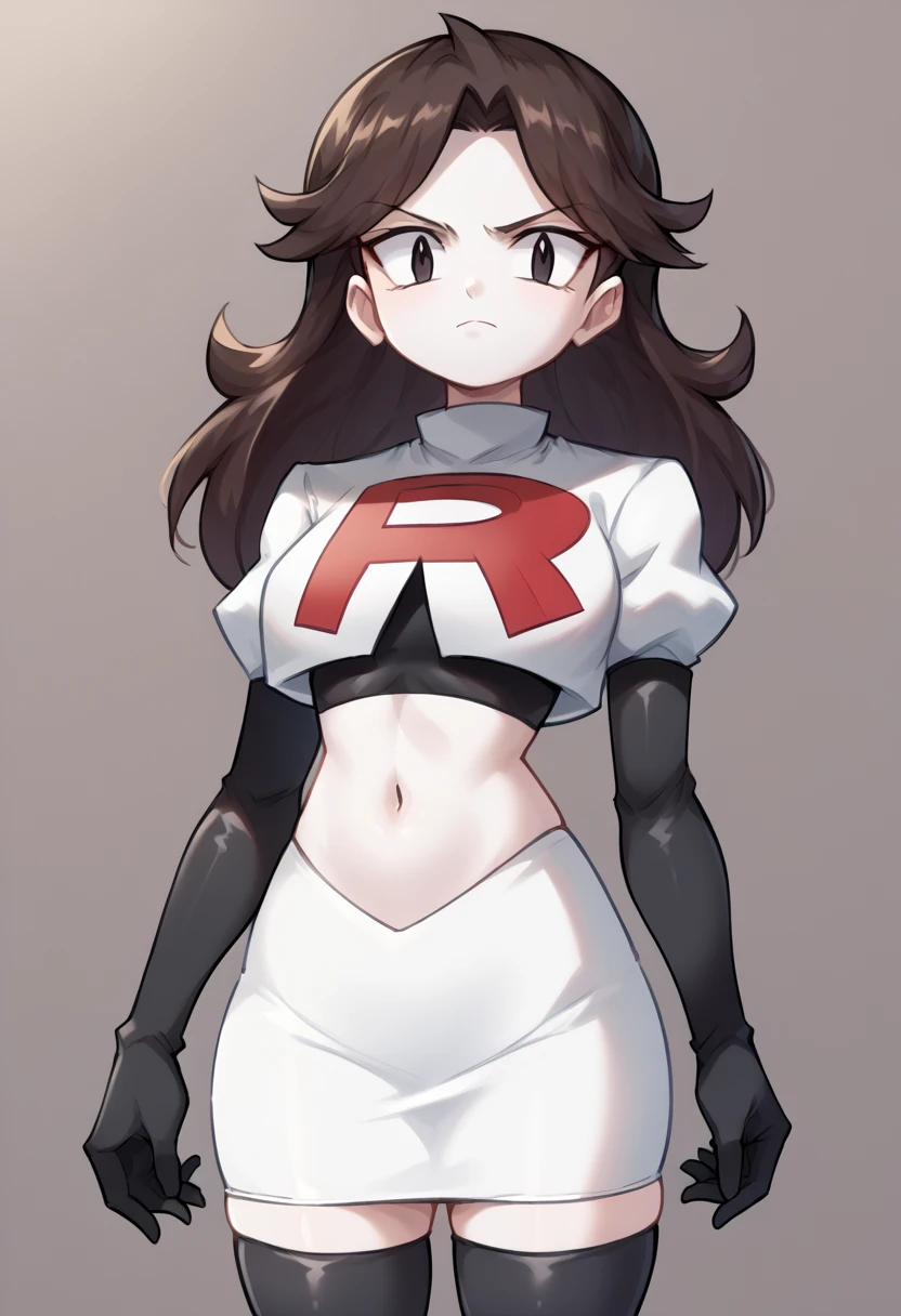 score_9,score_8_up,score_7_up BREAK jaidenSDXL,1girl,long hair,brown hair,black eyes,white skin,team rocket,team rocket uniform,white skirt,red letter R,crop top,black thigh-highs,black elbow gloves,cowboy shot,