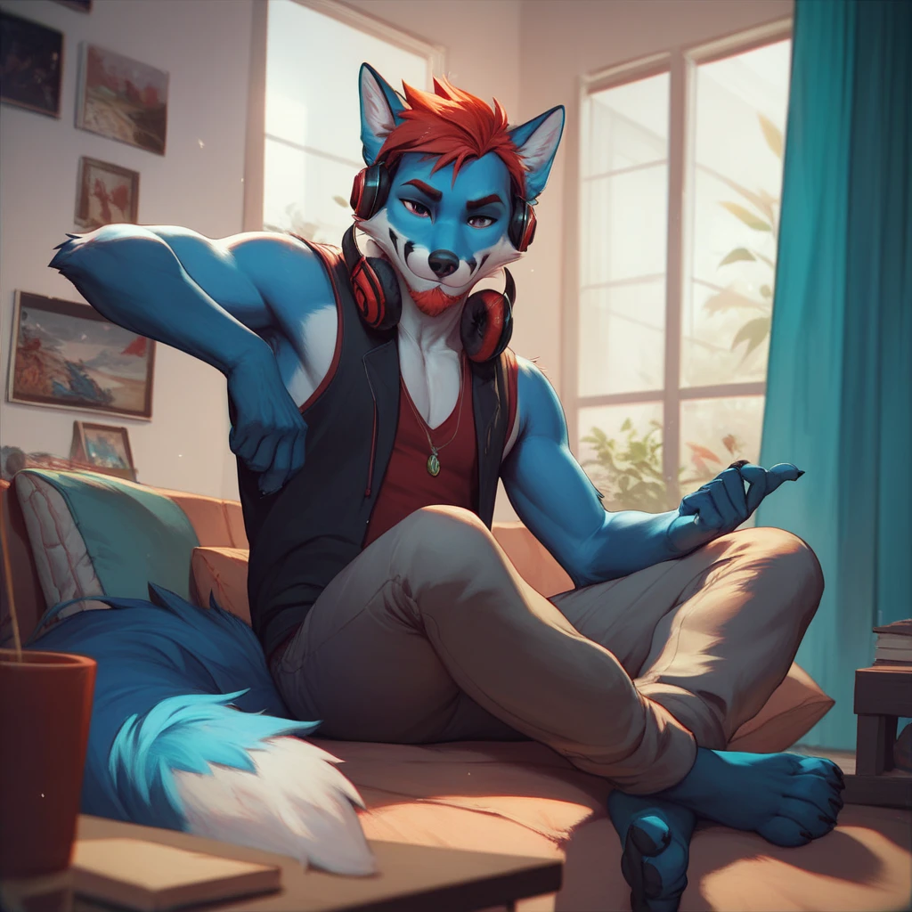 A fox, antromorfo, Perfect anatomy, blue body, adult, short beard,  wearing a hooded vest , and some headphones , pose, sitting, relaxed,  in a simple room , 4k