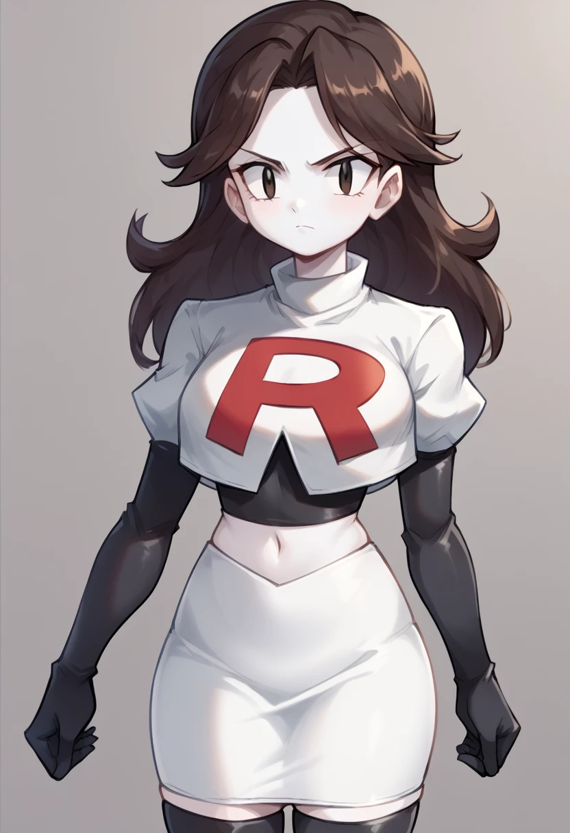 score_9,score_8_up,score_7_up BREAK jaidenSDXL,1girl,long hair,brown hair,black eyes,white skin,team rocket,team rocket uniform,white skirt,red letter R,crop top,black thigh-highs,black elbow gloves,cowboy shot,