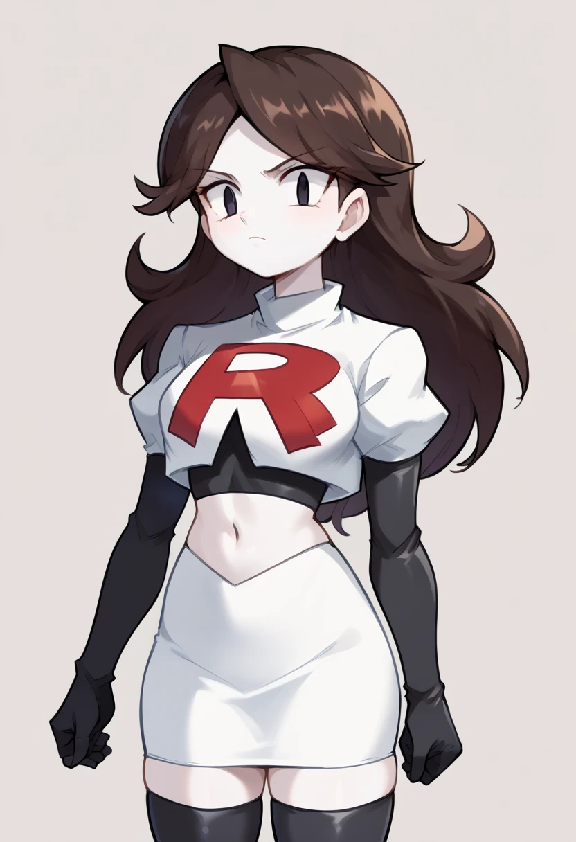 score_9,score_8_up,score_7_up BREAK jaidenSDXL,1girl,long hair,brown hair,black eyes,white skin,team rocket,team rocket uniform,white skirt,red letter R,crop top,black thigh-highs,black elbow gloves,cowboy shot,