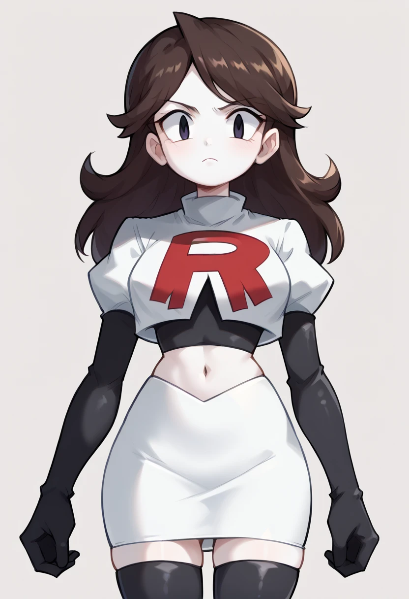 score_9,score_8_up,score_7_up BREAK jaidenSDXL,1girl,long hair,brown hair,black eyes,white skin,team rocket,team rocket uniform,white skirt,red letter R,crop top,black thigh-highs,black elbow gloves,cowboy shot,