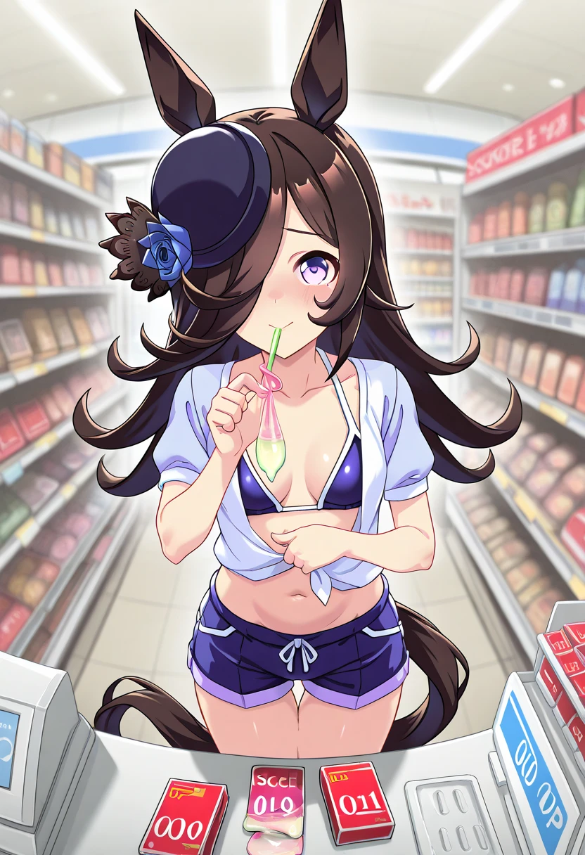 score_9, score_8_up, score_7_up, source_anime BREAK 1girl, solo, buying condoms, condom box, convenience store,, standing,rice shower (umamusume), horse ears, solo, animal ears, swimsuit, hair over one eye, horse tail, horse girl, tail, long hair, navel, blush, hat, flower,1girl,breasts,black hair in heat,blush looking at viewer, blush, smile, navel, collarbone, breasts, cleavage, thigh gap, okamoto condoms, shorts, holding money, bare  rating_questionable,very short length white shirts with open chest,used condom, drinking with straw