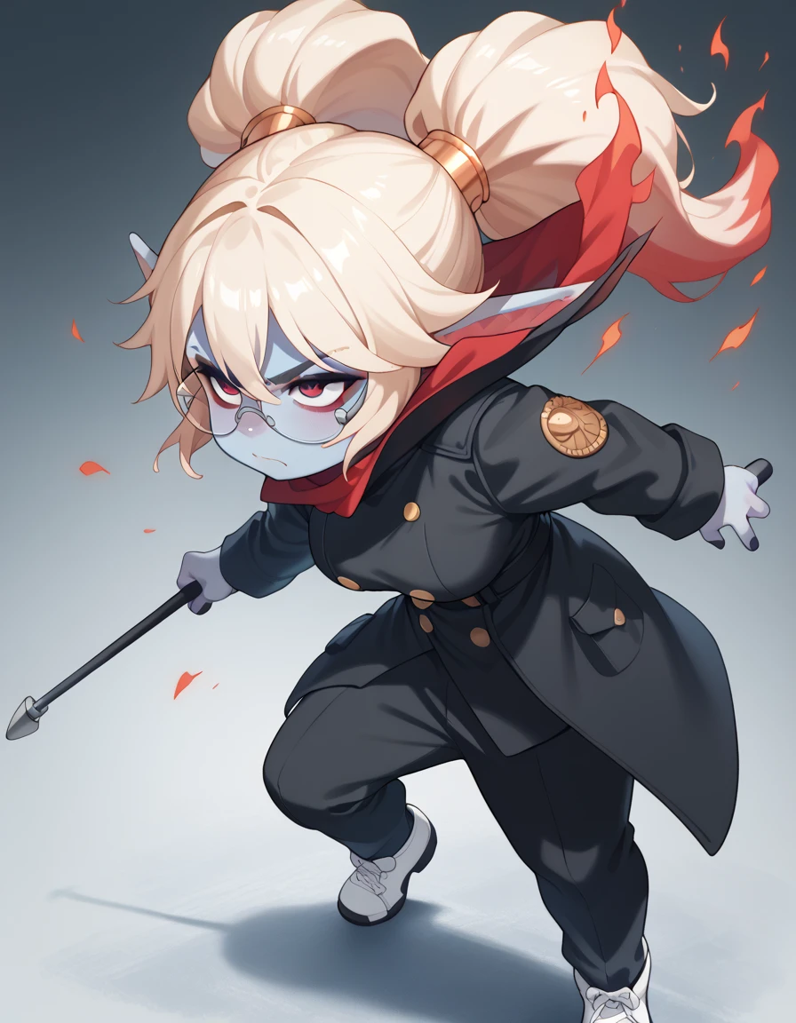  a girl, Alone, poppy, Chibi,  blue skin ,  large glasses , black trench coat, camisa blanca,  black pants , camisa blanca,  white shoes ,  big breasts, annoyed,  transformation ,  white hair,  red hair,  fire hair , multicolo red hair, Ojos rojos, facial brand,  From the Side , angry, Running action pose, mandibular mask 