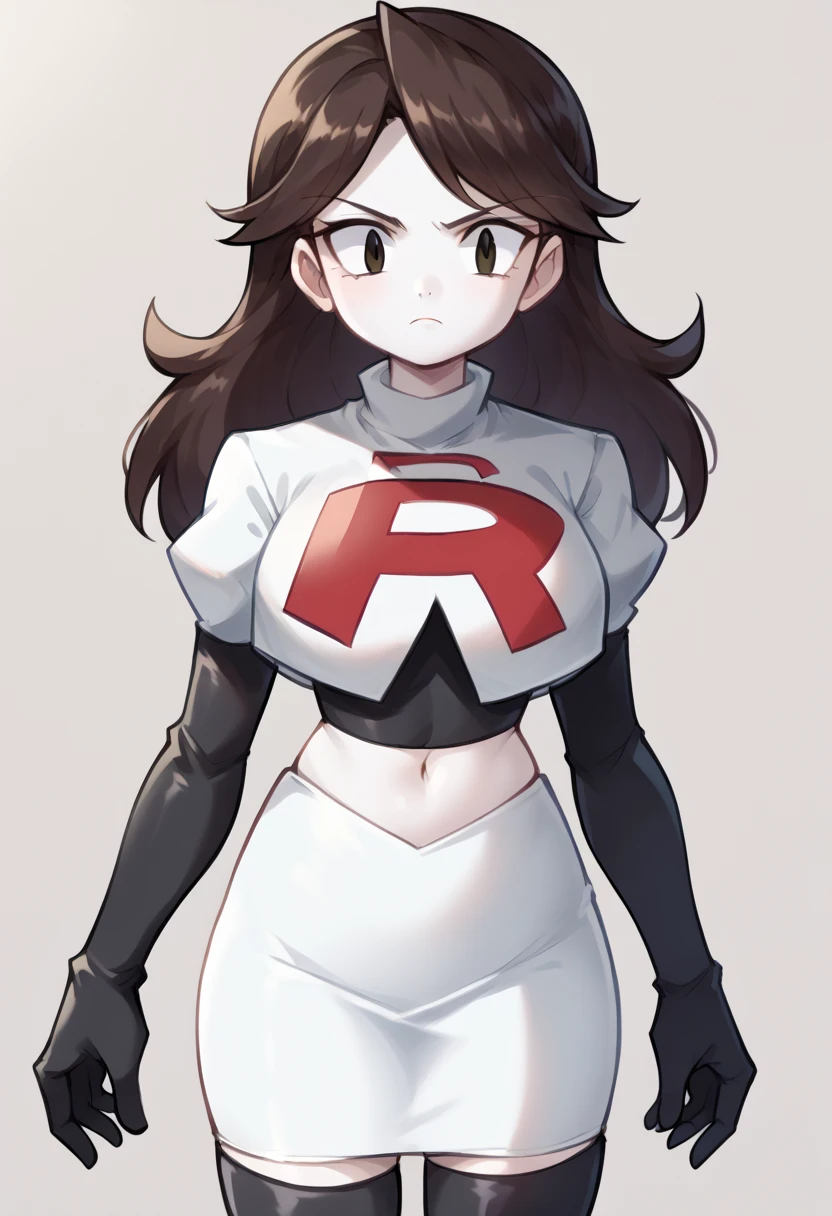 score_9,score_8_up,score_7_up BREAK jaidenSDXL,1girl,long hair,brown hair,black eyes,white skin,team rocket,team rocket uniform,white skirt,red letter R,crop top,black thigh-highs,black elbow gloves,cowboy shot,