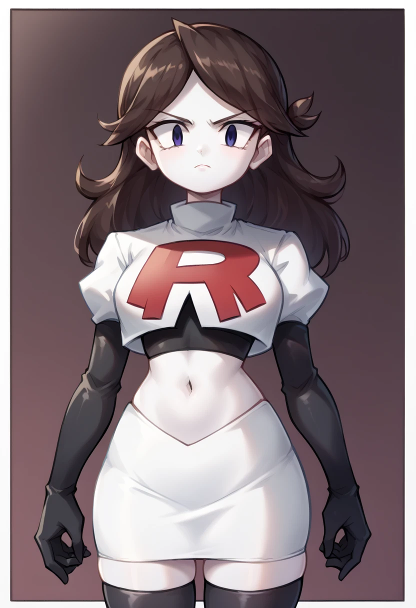 score_9,score_8_up,score_7_up BREAK jaidenSDXL,1girl,long hair,brown hair,black eyes,white skin,team rocket,team rocket uniform,white skirt,red letter R,crop top,black thigh-highs,black elbow gloves,cowboy shot,