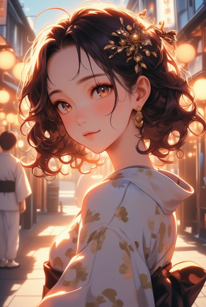 1 Woman with curly burgundy hair ，Japanese-style yukata，Brown eyes ， with exquisite, beautiful, and fair face，Lipstick，earrings，Wear a hair ornament on her head， on a brightly lit street ，Highlight，Soft Light