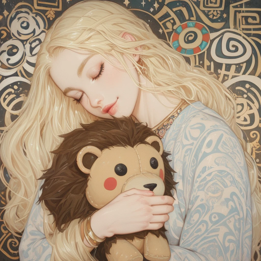  A blonde hair straight long hair Girl . holding cute lion plush doll. girl hair very long . background is tribal totem , background abstract , Gustav Klimt style , low brightness ,Milky color , golden straight hair ,face close-up,Night image,Golden hair outline , Doll simplified nerdy , background golden sparkle complex 