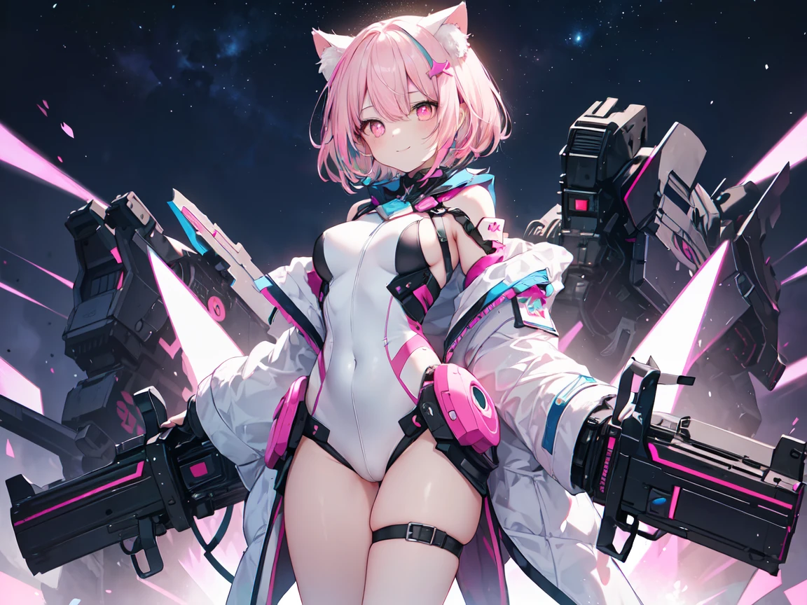 ((best quality)), ((masterpiece)), (detailed), perfect face. White hair. Short hair. Anime girl. Pink eyes. Nekomimi. Mecha. Belly. Cleavage.