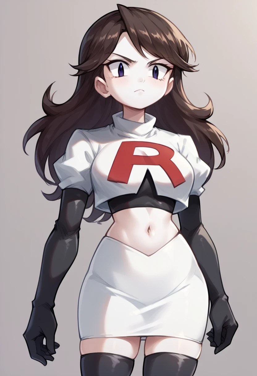 score_9,score_8_up,score_7_up BREAK jaidenSDXL,1girl,long hair,brown hair,black eyes,white skin,team rocket,team rocket uniform,white skirt,red letter R,crop top,black thigh-highs,black elbow gloves,cowboy shot,