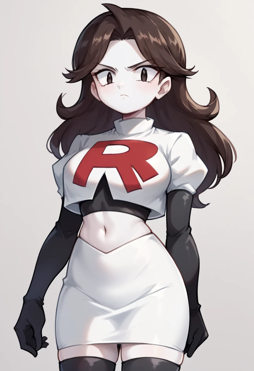 score_9,score_8_up,score_7_up BREAK jaidenSDXL,1girl,long hair,brown hair,black eyes,white skin,team rocket,team rocket uniform,white skirt,red letter R,crop top,black thigh-highs,black elbow gloves,cowboy shot,