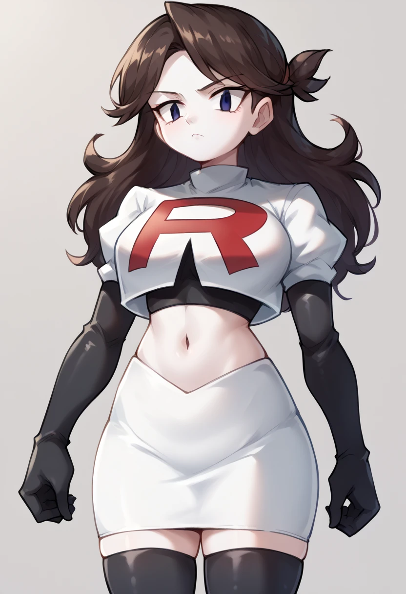 score_9,score_8_up,score_7_up BREAK jaidenSDXL,1girl,long hair,brown hair,black eyes,white skin,team rocket,team rocket uniform,white skirt,red letter R,crop top,black thigh-highs,black elbow gloves,cowboy shot,