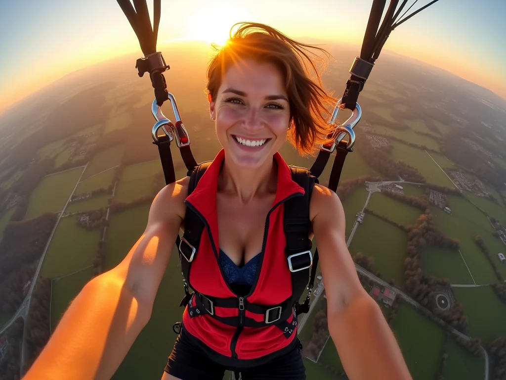 A cute, beautiful, voluptuous Japanese woman in her late 20s with medium-long bob haircut, skydiving at 4000 meters above sea level.、They are having so much fun that they are spreading their arms and legs out in excitement.、She looks great in a micro bikini