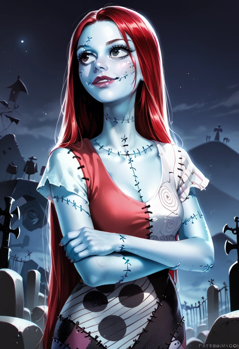  Illustration, Realistic proportions, sallyxl,,
red hair, long hair, black eyes, stitches, dress, patchwork clothes, blue skin, looking curious, graveyard at night, arms crossed, smirking, half body portrait