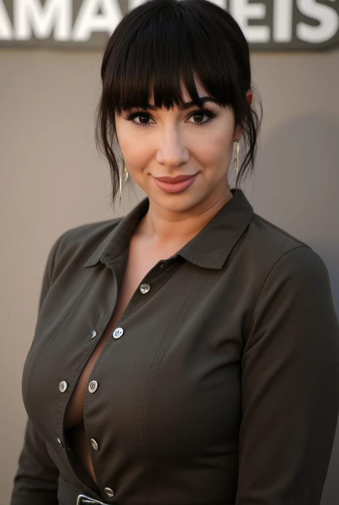 1girl
solo
looking at viewer
smile
short hair
bangs
black hair
long sleeves
jewelry
jacket
cowboy shot
earrings
belt
black eyes
hoop earrings
