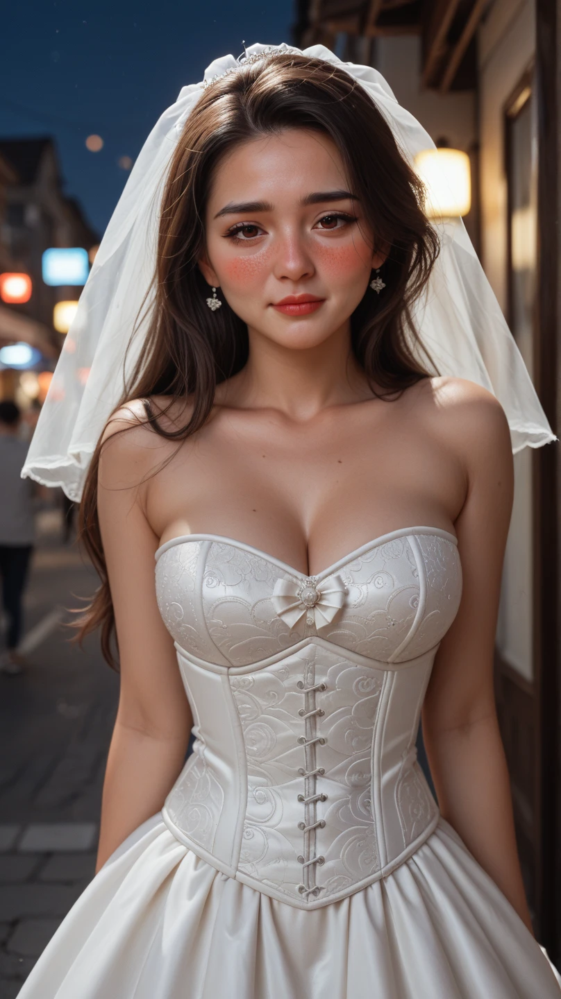 Woman with sculptural body is outside a church, She's in front of the church ,She has a cheerful face , she's wearing a bridal veil, With panties and bra.na cor branca, she's standingstaring into the camera, She's looking into the camera and putting one hand on her waist., Realistic image in 4K resolution