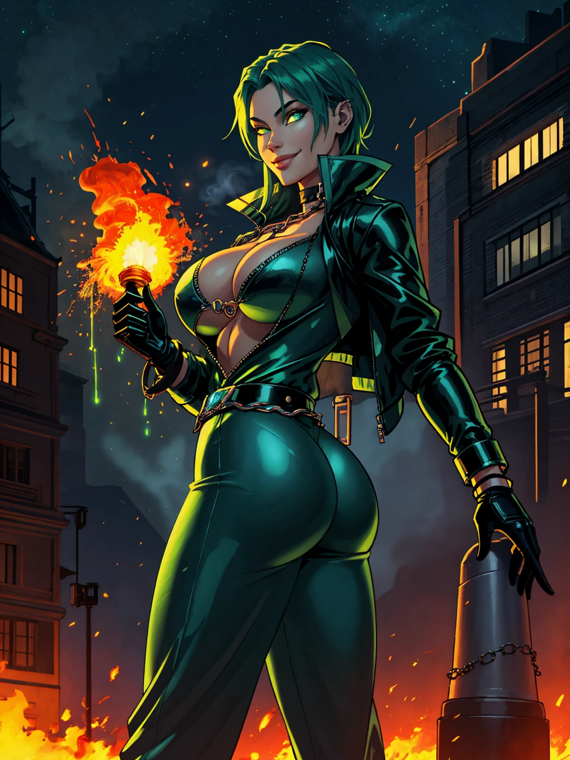 Orchid,black hair,blue eyes,dark skin ,lipstick,makeup,thighs, posing, solo, close up, standing, smiling, hands on hip, rear shot, ass view,
OrAtt,green fingerless gloves,green leotard ,green thighhighs,thigh boots,hoop earrings,high heel boots,covered navel, headband,
night rooftop, night time, stars, building night lights,
(insanely detailed, beautiful detailed face, masterpiece, best quality) <lora:Orchid-10:0.7>