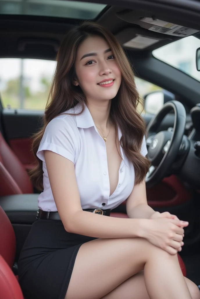 captures full body of a cute thai girl with long brown natural loose hair and light skin, slender, medium breasts, gold necklace , glamorous smiling. She is wearing cleavage white collared unbuttoned shirt short sleeves revealing medium breast  , belt, short black pencil skirt  , university uniform. She sit on driver's seat. The car interior is black with red leather seats. The background is slightly blurred, drawing focus to the subject. The lighting appears natural, possibly from window. side view