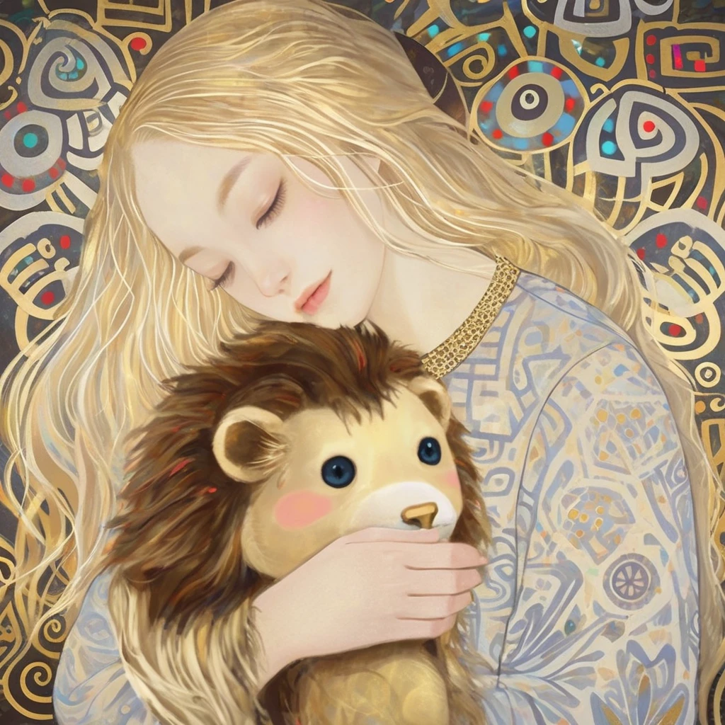  A blonde hair straight long hair Girl . holding cute lion plush doll. girl hair very long . background is tribal totem , background abstract , Gustav Klimt style , low brightness ,Milky color , golden straight hair ,face close-up,Night image,Golden hair outline , Doll simplified nerdy , background golden sparkle complex 