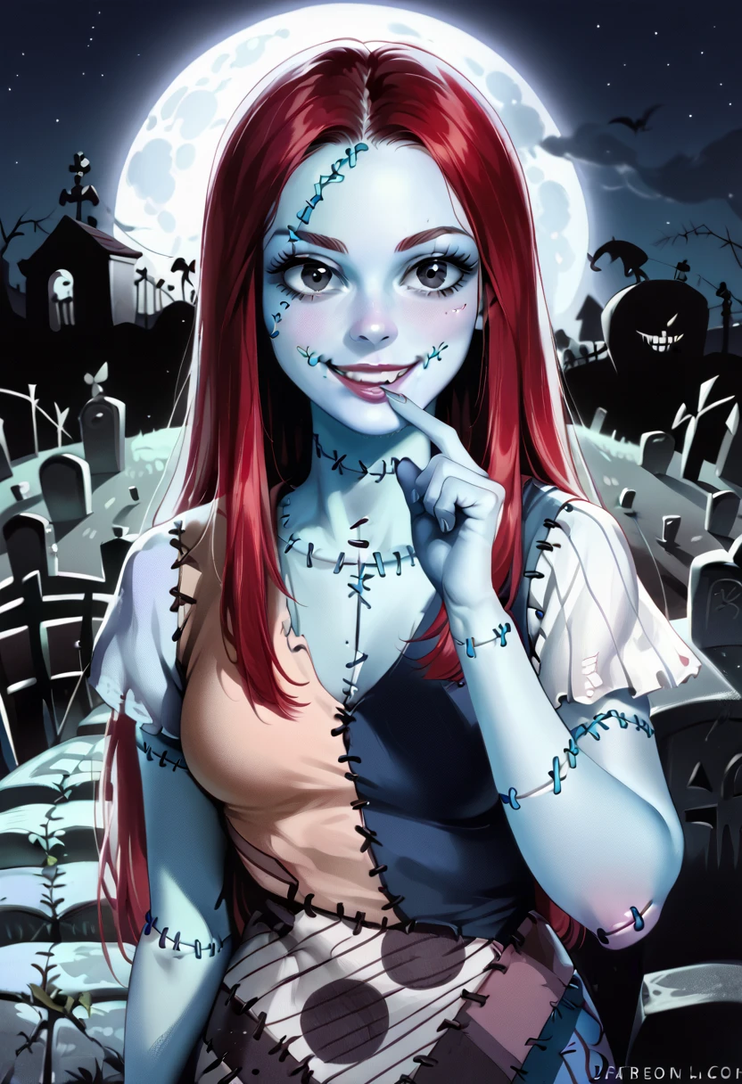  Illustration, Realistic proportions, sallyxl,,
red hair, long hair, black eyes, stitches, dress, patchwork clothes, blue skin, horny looking at viewer, graveyard at night, biting her finger, smirking, half body portrait