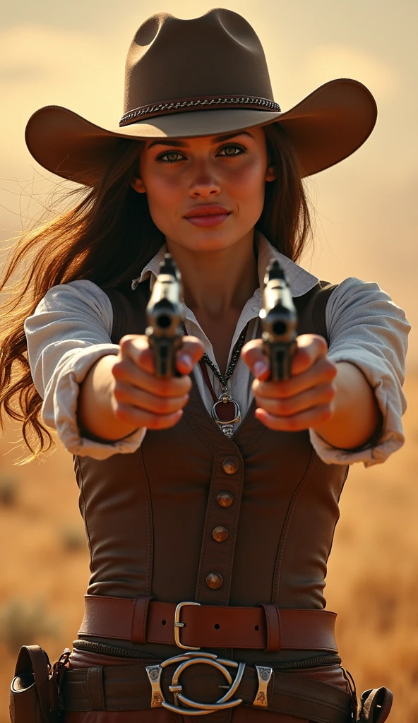 Colt Single Action, a wild west cowboy woman shooting with two Colt Single Action revolver guns in his hands