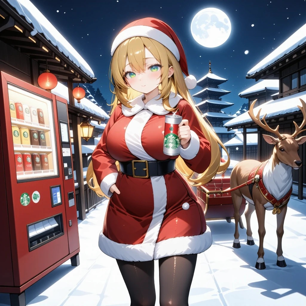 元のプロンプトはこれdす。

Action:
((A beautiful blonde Santa girl with sparkling blue eyes holds a Starbucks coffee can in her right hand)). The can is clearly detailed with the green and white Starbucks logo, resembling a "Starbucks Doubleshot" can. It features a shiny metallic surface with visible steam rising from the top, indicating it is hot.

Gold-haired Santa Girl:
She stands confidently, slightly smiling, in front of a vending machine. Her long golden hair flows naturally under the moonlight. She wears:

A short red Santa dress trimmed with fluffy white fur.
Black thigh-high stockings.
Red high heels with subtle shine.
A red Santa hat with white fur trim.
Her pose is elegant yet relaxed, emphasizing her playful and charming demeanor.

Vending Machine:
To her left, a glowing red vending machine filled with hot coffee cans and winter drinks emits a warm light. The shelves are lined with colorful cans, with STARBUCKS coffee prominently displayed in the front row.

Reindeer and Sleigh:
To her right, a realistic reindeer stands calmly. It is adorned with a festive red harness and golden bells. Attached to the reindeer is a classic red and gold sleigh filled with neatly wrapped presents tied with ribbons. The sleigh runners are lightly frosted with snow.

Background (Kyoto at Midnight):
The scene is set on a snowy Kyoto street at midnight. The background includes:

A faint silhouette of a five-story pagoda.
Traditional Japanese wooden houses covered in snow, illuminated by soft paper lanterns.
Snow gently falling from the night sky, with the full moon casting a serene bluish glow across the scene.
Focus Priorities:

Santa girl holding the Starbucks coffee can.
The detailed vending machine glowing warmly.
Reindeer with the sleigh full of presents.
Kyoto's snowy street with the five-story pagoda and glowing lanterns.

Style: detailed illustration, detailed face, detailed eyes.