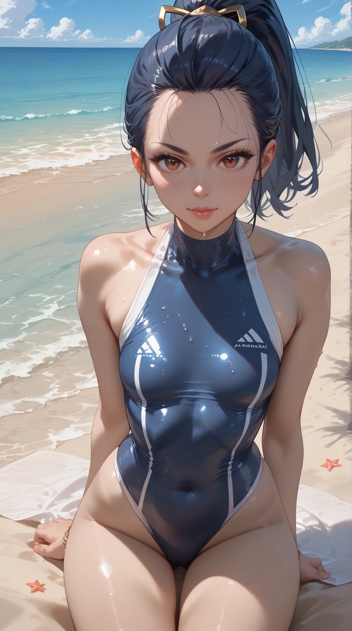 Adult женщина 20 лет, Point of View Shot, Full screen POV  ,  dark blue hair , Ponytail hairstyle,  Girl with small breasts ,   in a swimsuit on the beach  ,   brown eyes , Adult