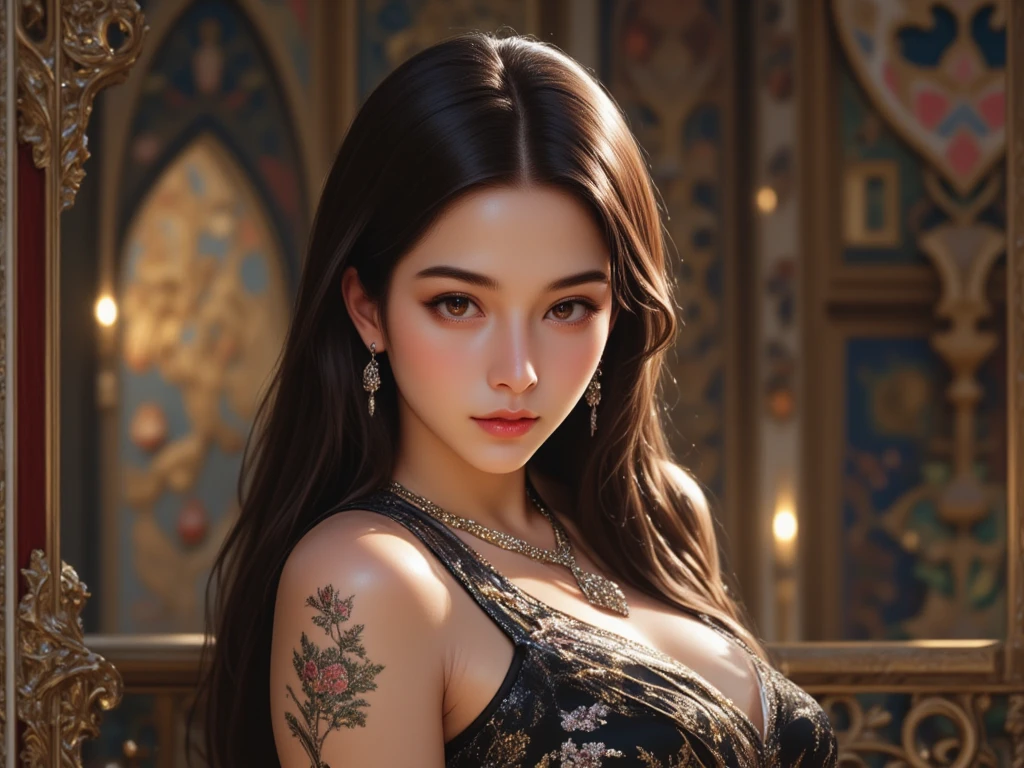 beautiful detailed eyes, beautiful detailed lips, extremely detailed eyes and face, longeyelashes, 1girl, beautiful ozbek princess, long black wavy hair, tight red sleeveless blouse, oily body, fair skin, visible large breasts, sweaty armpits, (best quality,4k,8k,highres,masterpiece:1.2),ultra-detailed,(realistic,photorealistic,photo-realistic:1.37), intricate facial features, highly detailed skin, hyper-realistic, dramatic lighting, vivid colors, luxury, ornate, regal, opulent