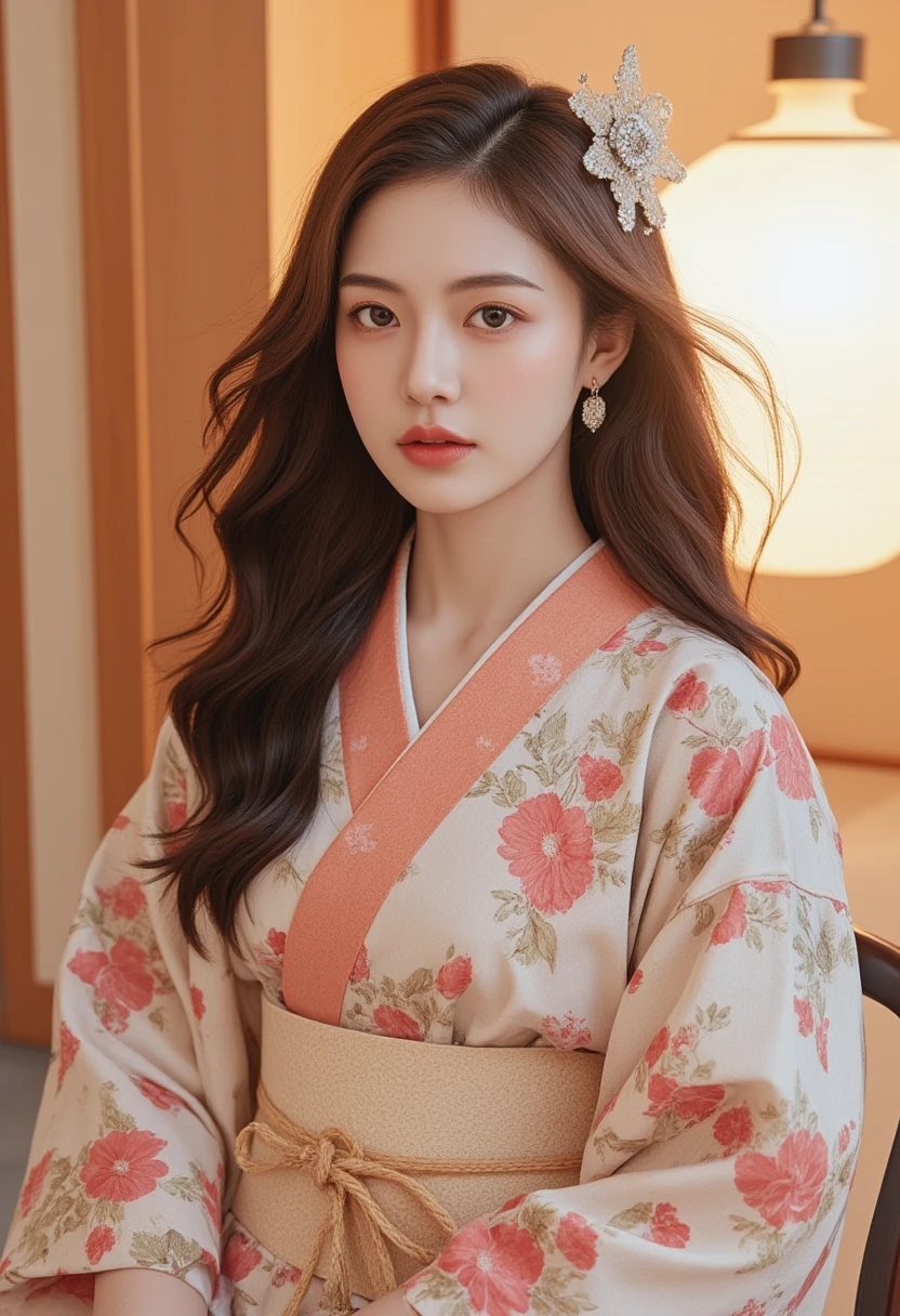 Full body shot，1 woman with long burgundy hair，((Japanese-style yukata))，Brown eyes ， with exquisite, beautiful, and fair face，Lipstick，earrings，Wear a hair ornament on her head， on a brightly lit street ，Highlight，Soft Light