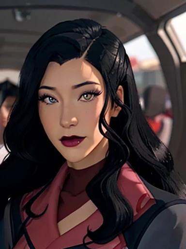 Asami Sato long wavy black hair ,  blue eyes pink cheeks full lips and dark makeup cute face looking at the viewer, big tits nsfw 