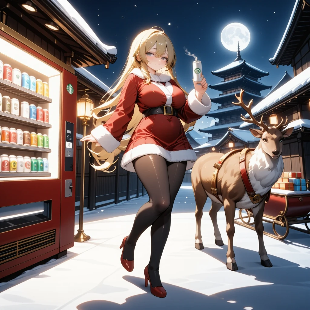 Action:
((A beautiful blonde Santa girl with sparkling blue eyes holds a Starbucks coffee can in her right hand)). The can is clearly detailed with the green and white Starbucks logo, resembling a "Starbucks Doubleshot" can. It features a shiny metallic surface with visible steam rising from the top, indicating it is hot.
Gold-haired Santa Girl:
She stands confidently, slightly smiling, in front of a glowing red vending machine. Her long golden hair flows naturally under the moonlight, and gentle lighting casts soft shadows and highlights on her face for a realistic, three-dimensional effect. She wears:
A short red Santa dress trimmed with fluffy white fur, featuring realistic fabric textures with visible folds.
Black thigh-high stockings with a subtle shine.
Red high heels reflecting the surrounding light.
A red Santa hat with fluffy white fur trim.
Her pose is elegant yet relaxed, emphasizing her playful and charming demeanor.
Vending Machine:
To her left, a glowing red vending machine filled with hot coffee cans and winter drinks emits a warm light. The shelves are lined with colorful cans, and the buttons emit a gentle glow. STARBUCKS coffee is prominently displayed in the front row, and the vending machine’s shiny metallic surface reflects the snowy environment.
Reindeer and Sleigh:
To her right, a realistic reindeer stands calmly with visible fur texture. It is adorned with a festive red harness decorated with golden bells. Attached to the reindeer is a classic red and gold sleigh filled with neatly wrapped presents tied with ribbons. The sleigh runners are lightly frosted with snow, and the light reflects softly off the metal surfaces.
Background (Kyoto at Midnight):
The scene is set on a snowy Kyoto street at midnight. The background includes:
A faint silhouette of a five-story pagoda standing majestically.
Traditional Japanese wooden houses covered in snow, softly illuminated by warm paper lanterns.
Snow gently falling from the night sky, with the air subtl