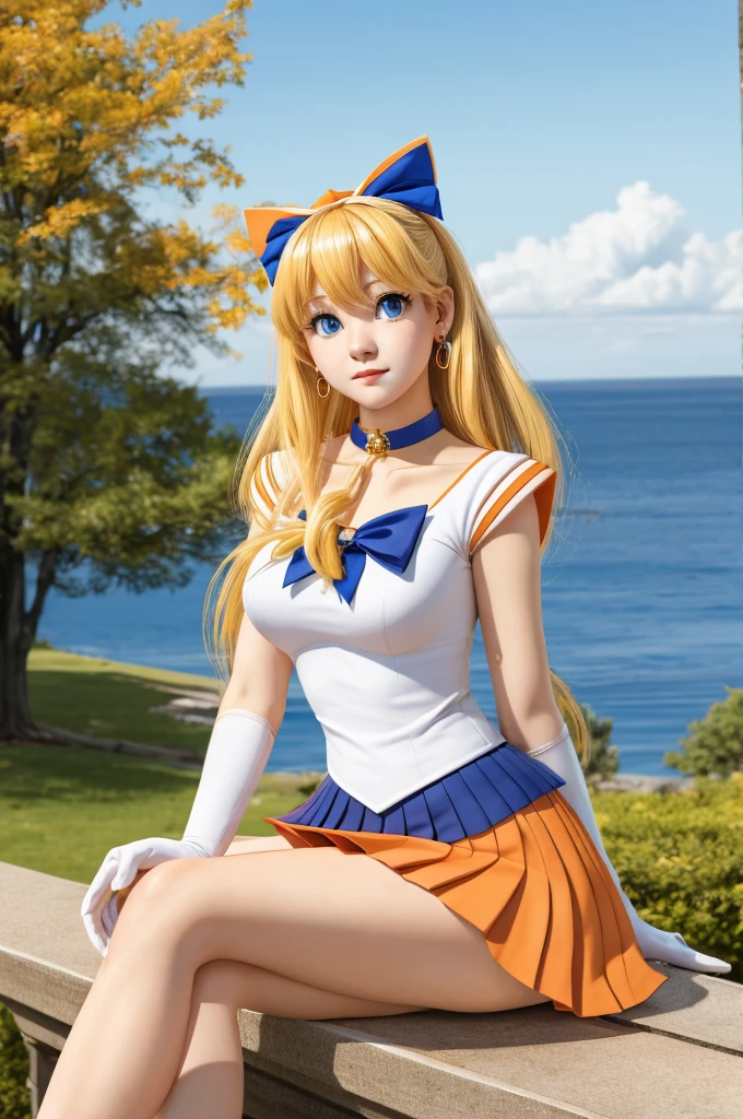 masutepiece, Best Quality, hight resolution, venus1, 1girl in, Solo, Sailor Senshi Uniform, Sailor Venus Sailor, aino minako, Blonde hair, magical little girl, Blue eyes, , elbow groves, tiarra, Hair Bow, Orange sailor collar, Choker, Red bow, orangechoker, White Gloves, Very long hair, Jewelry, earrings, Cowboy Shot, Smile, Sitting, Open legs, Panties, White panties, up skirt