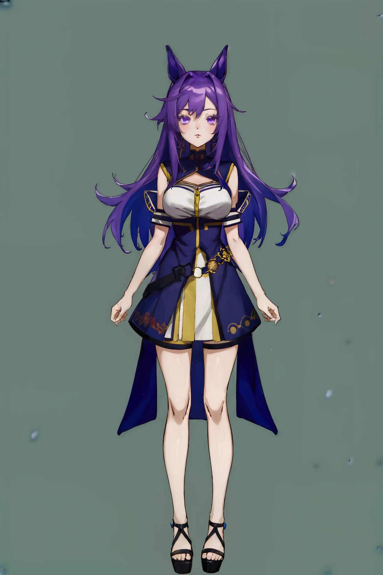 (full body), ((simple blue chroma background)), 22-year-old long straight purple hair, horsetail in her hair, purple eyes, anime-long style 2000, short dress tight with golden detailing, breasts bigger than her head, flirty look, lipstick, 4k, hd, self-definition, good image quality and lined, (vtuber-fullbody),