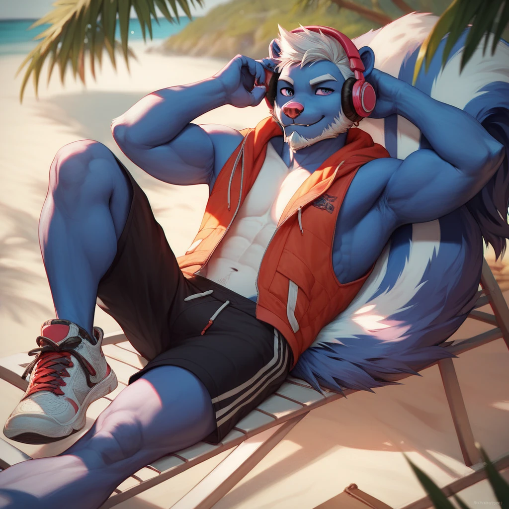  a skunk , antromorfo, Perfect anatomy, blue body, adult, short beard,  wearing a hooded vest , sneakers and headphones, pose, relaxed, on a beach, 4k