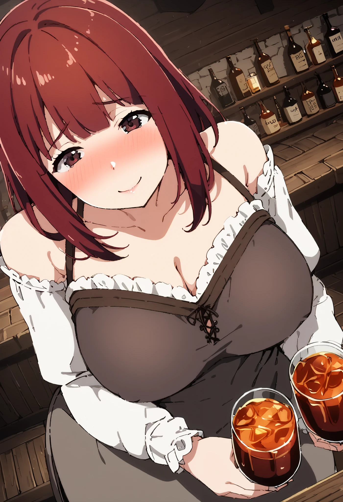 ( 1 woman 1 man ),attractive mature woman in very tight medieval peasant dress with neckline, straight red hair,  sensual look, brown eyes, in a tavern, inn, erotic, sensual, Milf, ecchi,  shy expression , medieval tavern, Smile shame,  perfect body, blush, shameless, daring,  tight dress , ,pose of please stop,  full body , Hand in hand with a medieval man, Alcoholic drinks,